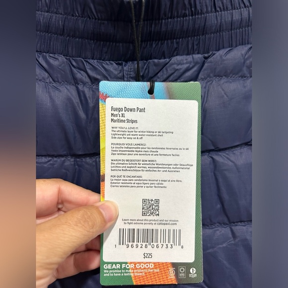 Cotopaxi Men's XL Fuego Down Pant Maritime Stripes Blue NWT 800-fill Down - Picture 7 of 8